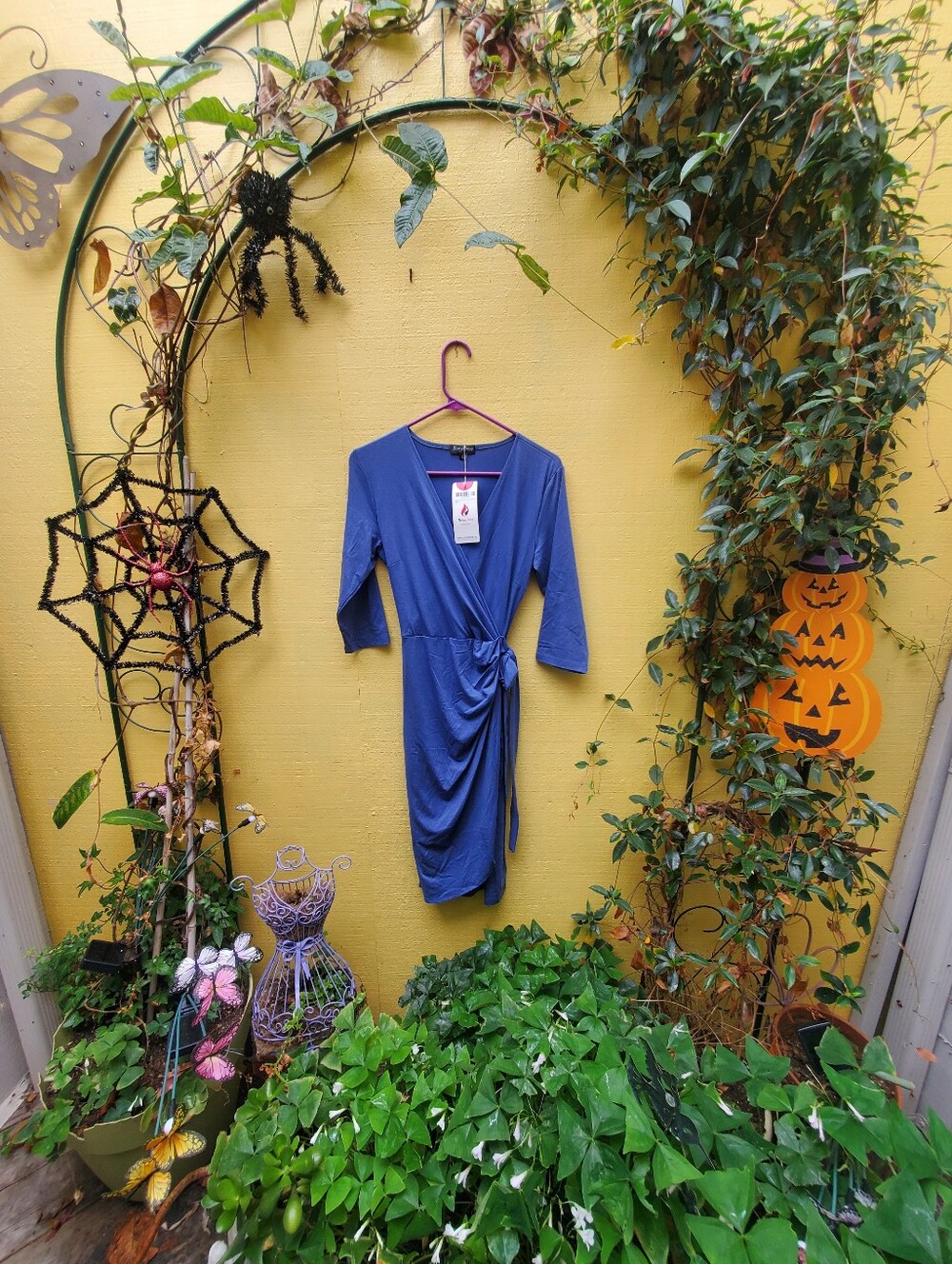 Classic Blue Wrap Midi Dress with Side Tie - Women's